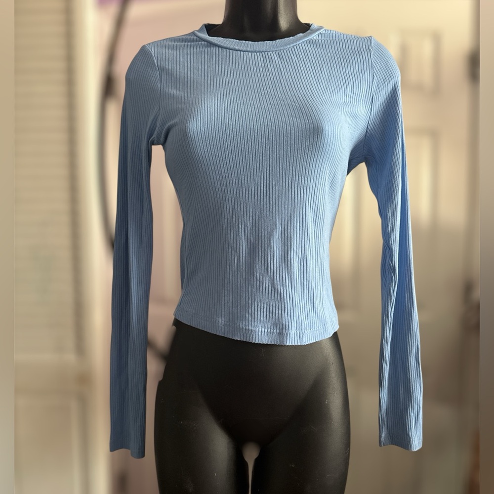 MEROKEETY Women Long Sleeve Slim Fit Crop Shirt Ribbed Knit Tops- Size S